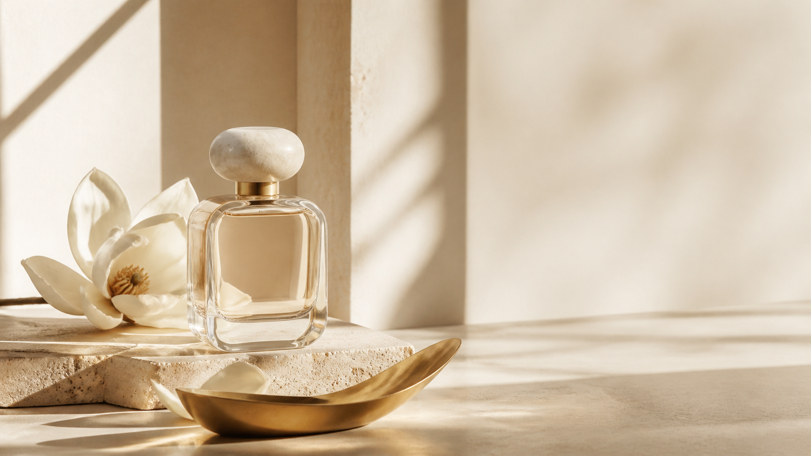 Frasco de perfume claro com magnólias sob luz natural