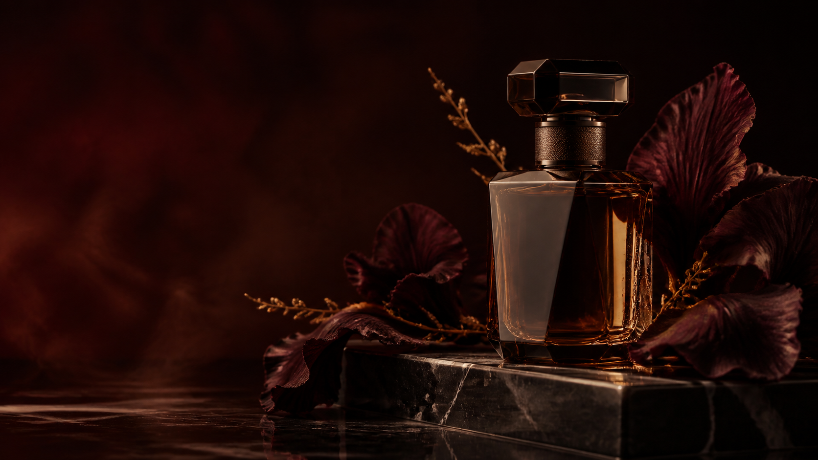 Frasco de perfume âmbar entre pétalas bordô em uma cena noturna